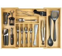 KitchenEdge Organiseur d'argenterie, couverts et ustensiles de qualité supérieure pour tiroirs de cuisine, extensible jusqu'à 63 cm de large, 10 compartiments, 100% bambou