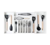 KitchenEdge Organiseur d'argenterie, de couverts et d'ustensiles de qualité supérieure pour tiroirs de cuisine, de qualité alimentaire, extensible de 45,7 à 83,4 cm, bambou blanc