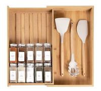 KitchenEdge Organiseur de tiroir à épices avec rangement extensible pouvant contenir jusqu'à 15 pots à épices (non inclus), pieds antidérapants, rangement d'accessoires de cuisine, 100 % bois de