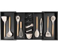KitchenEdge Organiseur de tiroir de cuisine réglable pour ustensiles et déchets, extensible jusqu'à 48,3 à 83,3 cm de large, 9 compartiments, finition noire de qualité alimentaire avec bois de bambou