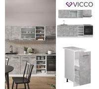 Vicco cuisine R-Line, 240 cm avec plan de travail, Béton/blanc