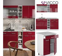 Vicco Cuisine R-Line, Rouge Brillant/Blanc, 160cm | 6 Modules · Pieds réglables en hauteur · Sans plan de travail · Façades robustes · Avec étagères ouvertes