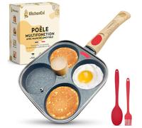 KitchenEvi Poêle à Pancakes Induction Antiadhésive - Manche Amovible, Couvercle en Verre, Spatules - Idéale pour Œufs, Crêpes, Blinis - 4 compartiments - Sans PFOA