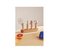 CREATE/Lot de 4 ustensiles de cuisine sable/Support en bois, épluche-fruits et légumes, presse-agrumes, coupe-pizza, ouvre-boîte multifonctions, lavable au lave-vaisselle