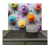 KitchenYeah© Anti Éclaboussure Cuisine 57x51 cm Plaque Chaleur Crédence sur Mesure Protection Mur, Projection Cupcakes - Muffins - Coloré