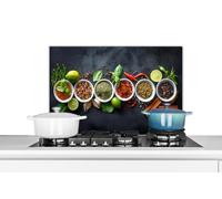 KitchenYeah© Anti Éclaboussure Cuisine 70x50 cm Aluminium Plaque Anti Chaleur Crédence sur Mesure Protection Mur Credence+Cuisine Herbes - Épices - Aspect béton - Nature Morte