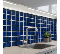 KitchenYeah© Crédence Adhésive Cuisine 60x250 cm Résistant À La Chaleur Plaque Adhesif Fond De Hotte Interieur Cuisson Sur Mesure Mosaïque - Carreaux - Brillant - Bleu