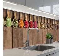 KitchenYeah© Crédence Adhésive Cuisine 60x250 cm Résistant À La Chaleur Plaque Adhesif Fond De Hotte Interieur Cuisson Sur Mesure Cuillères - Herbes - Bois