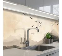KitchenYeah© Crédence Adhésive Cuisine 60x250 cm Résistant À La Chaleur Plaque Adhesif Fond De Hotte Interieur Cuisson Sur Mesure Paysage - Japandi - oiseau
