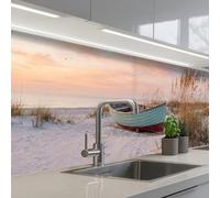 KitchenYeah© Crédence Adhésive Cuisine 60x300 cm Résistant À La Chaleur Plaque Adhesif Fond De Hotte Interieur Cuisson Sur Mesure Rustique - Bateau à rames - Plage de sable