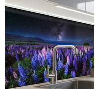 KitchenYeah© Crédence Adhésive Cuisine 60x80 cm Résistant À La Chaleur Plaque Adhesif Fond De Hotte Interieur Cuisson Sur Mesure Fleurs - Nuit - Lupin - Ciel étoilé - Violet - Nature