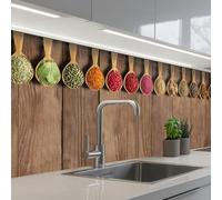 KitchenYeah© Crédence Adhésive Cuisine 80x150 cm Résistant À La Chaleur Plaque Adhesif Fond De Hotte Interieur Cuisson Sur Mesure Cuillères - Herbes - Bois