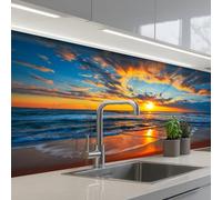 KitchenYeah© Crédence Adhésive Cuisine 80x150 cm Résistant À La Chaleur Plaque Adhesif Fond De Hotte Interieur Cuisson Sur Mesure Mer - Coucher soleil - Plage - Nuages - Orange
