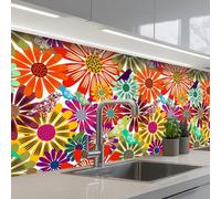 KitchenYeah© Crédence Adhésive Cuisine 80x250 cm Résistant À La Chaleur Plaque Adhesif Fond De Hotte Interieur Cuisson Sur Mesure Arc-en-ciel - Fleurs - Motifs - Hippie