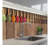 KitchenYeah© Crédence Adhésive Cuisine 80x400 cm Résistant À La Chaleur Plaque Adhesif Fond De Hotte Interieur Cuisson Sur Mesure Cuillères - Herbes - Bois