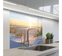 KitchenYeah© Crédence Adhésive Cuisine 80x80 cm Résistant À La Chaleur Plaque Adhesif Fond De Hotte Interieur Cuisson Sur Mesure Plage - Soleil - Dune - Herbe - Sable - Horizon