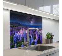 KitchenYeah© Crédence Adhésive Cuisine 80x80 cm Résistant À La Chaleur Plaque Adhesif Fond De Hotte Interieur Cuisson Sur Mesure Fleurs - Nuit - Lupin - Ciel étoilé - Violet - Nature