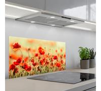 KitchenYeah© Credence Adhesive Pour Cuisine 45x90 cm Panneau Mural Adhesif Fond De Hotte Plaque Pvc Murale Peel And Stick Protege Mur Coquelicots - Rouge - Champ Fleurs
