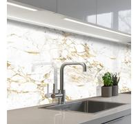KitchenYeah© Credence Adhesive Pour Cuisine 60x150 cm Panneau Mural Adhesif Fond De Hotte Plaque Pvc Murale Peel And Stick Protege Mur Blanc - Marbre - Luxe - Or
