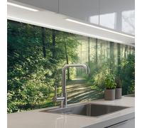 KitchenYeah© Credence Adhesive Pour Cuisine 60x200 cm Panneau Mural Adhesif Fond De Hotte Plaque Pvc Murale Peel And Stick Protege Mur Forêt - Chemin - Soleil - Arbres - Vert - Nature
