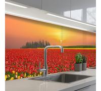 KitchenYeah© Credence Adhesive Pour Cuisine 60x300 cm Panneau Mural Adhesif Fond De Hotte Plaque Pvc Murale Peel And Stick Protege Mur Fleurs - Paysage - Tulipes - Coucher Soleil