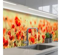 KitchenYeah© Credence Adhesive Pour Cuisine 60x350 cm Panneau Mural Adhesif Fond De Hotte Plaque Pvc Murale Peel And Stick Protege Mur Coquelicots - Rouge - Champ Fleurs