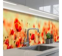 KitchenYeah© Credence Adhesive Pour Cuisine 60x500 cm Panneau Mural Adhesif Fond De Hotte Plaque Pvc Murale Peel And Stick Protege Mur Coquelicots - Rouge - Champ Fleurs