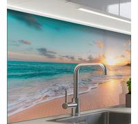 KitchenYeah© Credence Adhesive Pour Cuisine 60x80 cm Panneau Mural Adhesif Fond De Hotte Plaque Pvc Murale Peel And Stick Protege Mur Coucher soleil - Plage - Mer - Été - Bleu