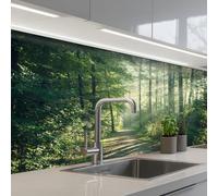 KitchenYeah© Credence Adhesive Pour Cuisine 80x150 cm Panneau Mural Adhesif Fond De Hotte Plaque Pvc Murale Peel And Stick Protege Mur Forêt - Chemin - Soleil - Arbres - Vert - Nature