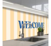 KitchenYeah© Credence Adhesive Pour Cuisine 80x150 cm Panneau Mural Adhesif Fond De Hotte Plaque Pvc Murale Peel And Stick Protege Mur Bleu - Jaune - Rayures - Bienvenue