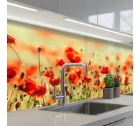KitchenYeah© Credence Adhesive Pour Cuisine 80x200 cm Panneau Mural Adhesif Fond De Hotte Plaque Pvc Murale Peel And Stick Protege Mur Coquelicots - Rouge - Champ Fleurs