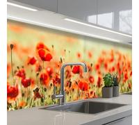 KitchenYeah© Credence Adhesive Pour Cuisine 80x300 cm Panneau Mural Adhesif Fond De Hotte Plaque Pvc Murale Peel And Stick Protege Mur Coquelicots - Rouge - Champ Fleurs