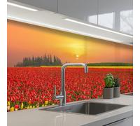 KitchenYeah© Credence Adhesive Pour Cuisine 80x400 cm Panneau Mural Adhesif Fond De Hotte Plaque Pvc Murale Peel And Stick Protege Mur Fleurs - Paysage - Tulipes - Coucher Soleil