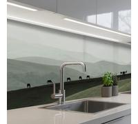 KitchenYeah© Credence Adhesive Pour Cuisine 80x400 cm Panneau Mural Adhesif Fond De Hotte Plaque Pvc Murale Peel And Stick Protege Mur Gris - Montagne - Chevaux