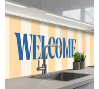 KitchenYeah© Credence Adhesive Pour Cuisine 80x400 cm Panneau Mural Adhesif Fond De Hotte Plaque Pvc Murale Peel And Stick Protege Mur Bleu - Jaune - Rayures - Bienvenue