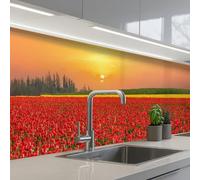 KitchenYeah© Credence Adhesive Pour Cuisine 80x500 cm Panneau Mural Adhesif Fond De Hotte Plaque Pvc Murale Peel And Stick Protege Mur Fleurs - Paysage - Tulipes - Coucher Soleil