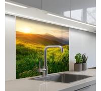 KitchenYeah© Credence Adhesive Pour Cuisine 80x80 cm Panneau Mural Adhesif Fond De Hotte Plaque Pvc Murale Peel And Stick Protege Mur Herbe - Collines - Soleil - Nature - Paysage