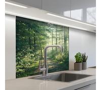 KitchenYeah© Credence Adhesive Pour Cuisine 80x80 cm Panneau Mural Adhesif Fond De Hotte Plaque Pvc Murale Peel And Stick Protege Mur Forêt - Chemin - Soleil - Arbres - Vert - Nature