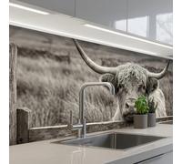 KitchenYeah© Crédence Adhésive Résistant À La Chaleur 60x200 cm Protection Mur Cuisine Panneaux Muraux Adhesif Panneau Decoratif Interieur Highlander écossais - Noir - Blanc - Bois