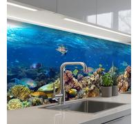 KitchenYeah© Crédence Adhésive Résistant À La Chaleur 60x250 cm Protection Mur Cuisine Panneaux Muraux Adhesif Panneau Decoratif Interieur Paysage Sous-Marin - Poissons - Tortue - Bleu