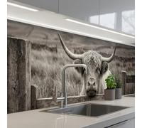 KitchenYeah© Crédence Adhésive Résistant À La Chaleur 60x300 cm Protection Mur Cuisine Panneaux Muraux Adhesif Panneau Decoratif Interieur Highlander écossais - Noir - Blanc - Bois