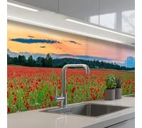KitchenYeah© Crédence Adhésive Résistant À La Chaleur 60x500 cm Protection Mur Cuisine Panneaux Muraux Adhesif Panneau Decoratif Interieur Coquelicots - Paysage - Rouge - Fleurs