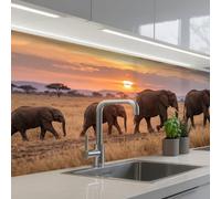 KitchenYeah© Crédence Adhésive Résistant À La Chaleur 80x200 cm Protection Mur Cuisine Panneaux Muraux Adhesif Panneau Decoratif Interieur Éléphants - Savane - Coucher soleil - Afrique - Chaud