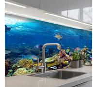 KitchenYeah© Crédence Adhésive Résistant À La Chaleur 80x250 cm Protection Mur Cuisine Panneaux Muraux Adhesif Panneau Decoratif Interieur Paysage Sous-Marin - Poissons - Tortue - Bleu
