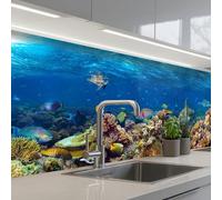 KitchenYeah© Crédence Adhésive Résistant À La Chaleur 80x300 cm Protection Mur Cuisine Panneaux Muraux Adhesif Panneau Decoratif Interieur Paysage Sous-Marin - Poissons - Tortue - Bleu