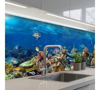 KitchenYeah© Crédence Adhésive Résistant À La Chaleur 80x400 cm Protection Mur Cuisine Panneaux Muraux Adhesif Panneau Decoratif Interieur Paysage Sous-Marin - Poissons - Tortue - Bleu