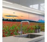 KitchenYeah© Crédence Adhésive Résistant À La Chaleur 80x400 cm Protection Mur Cuisine Panneaux Muraux Adhesif Panneau Decoratif Interieur Coquelicots - Paysage - Rouge - Fleurs
