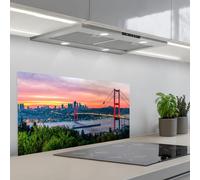 KitchenYeah© Credence Cuisine 45x90 cm Adhesif Protection Mur Plaque De Cuisson Plastique Rigide Revetement Murale À Coller Pont - Rouge - Skyline - Eau