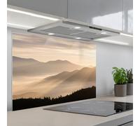 KitchenYeah© Credence Cuisine 55x80 cm Adhesif Protection Mur Plaque De Cuisson Plastique Rigide Revetement Murale À Coller Montagnes - Brouillard - Rayons