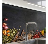 KitchenYeah© Credence Cuisine 60x80 cm Adhesif Protection Mur Plaque De Cuisson Plastique Rigide Revetement Murale À Coller Herbes - Aliments - Épices - Noir - Paprika - Cannelle